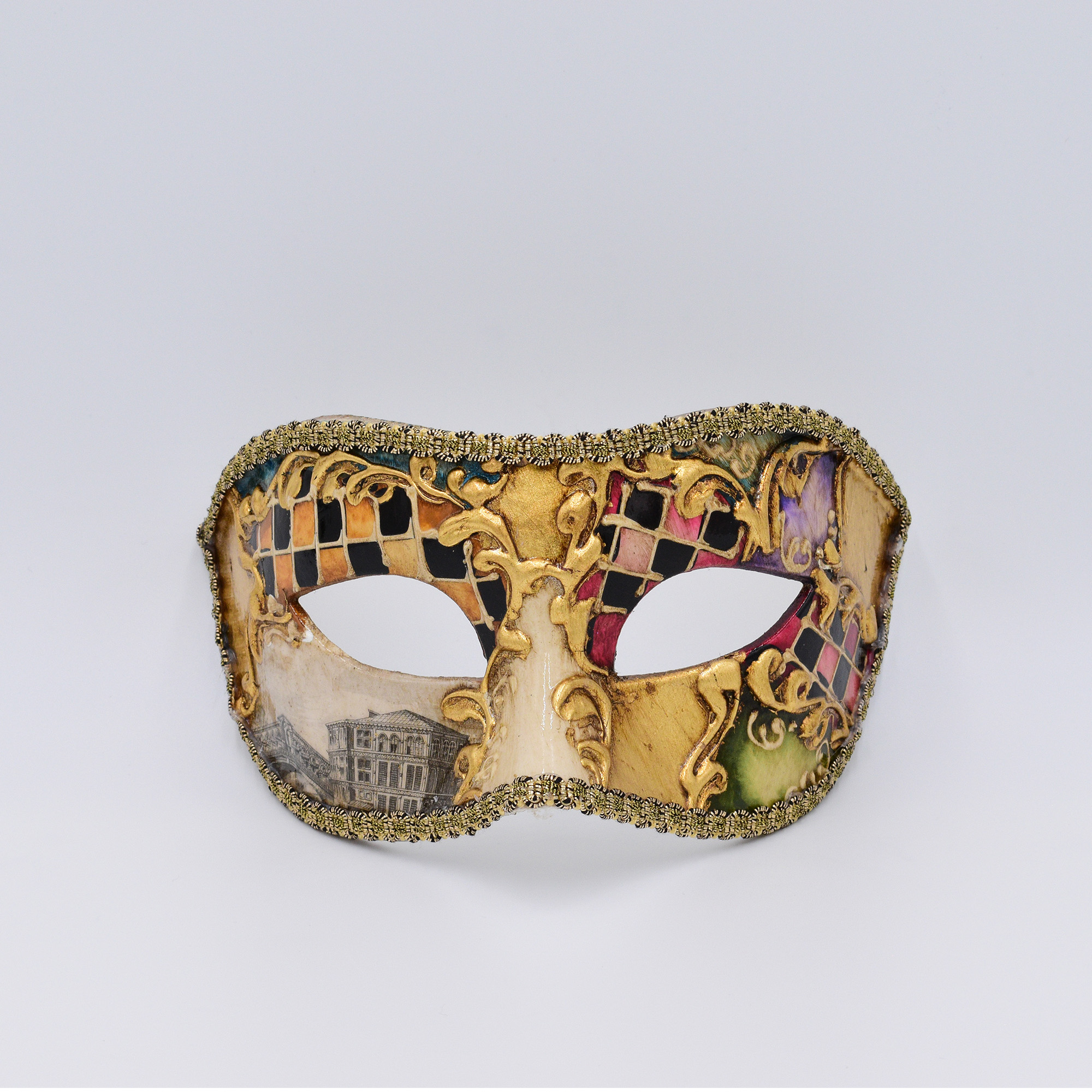 Maschera Colombina Larga con decoro acquerello e rifinitura in foglia oro –  Laguna Maschere Veneziane